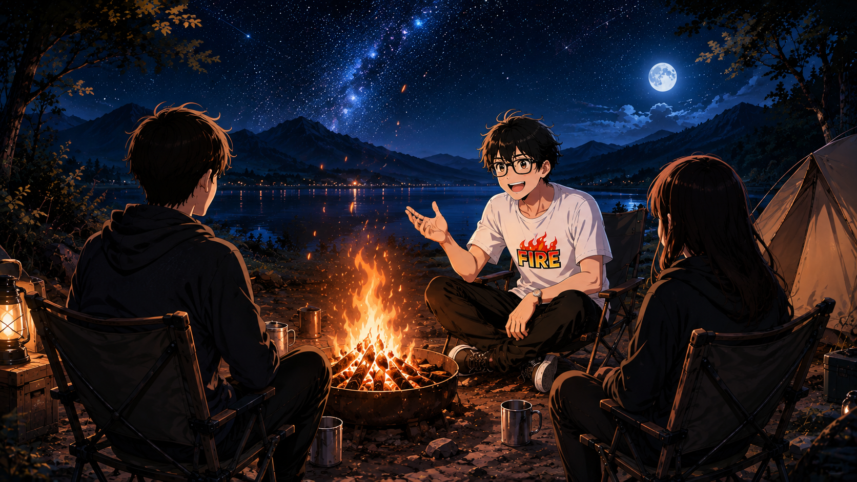 星空の下、焚火を囲んで語り合うFIREの仲間たち
